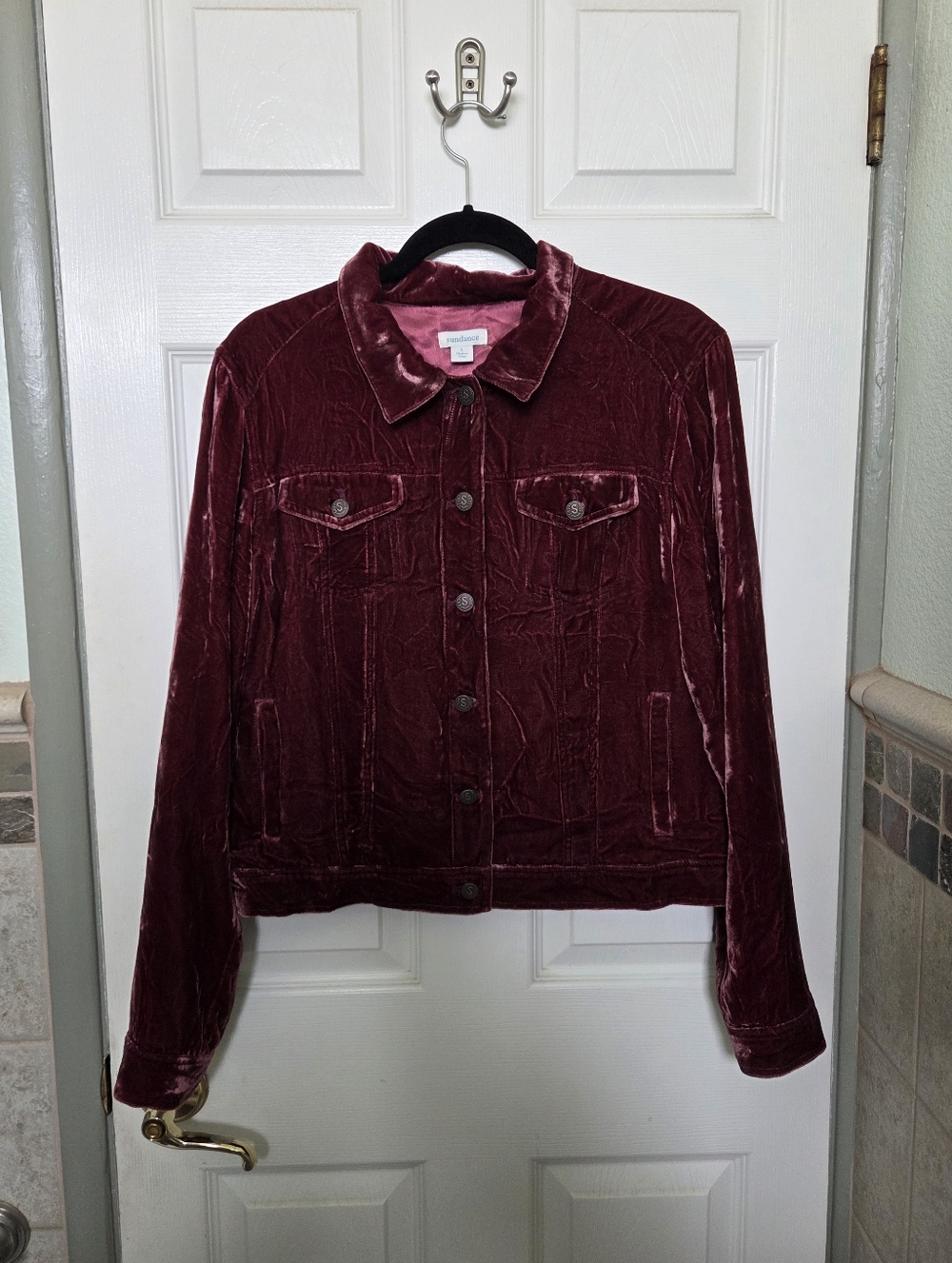 Sundance Wine Color Velvet/Silk Blend Button-Front Trucker Jacket Large Western - Picture 3 of 13